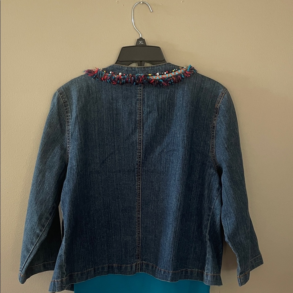 Ruby Rd. Blue Denim Jacket with Multicolor Fringe - Picture 3 of 5